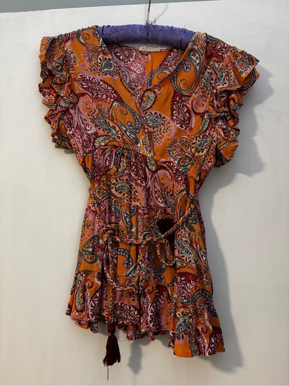 Girl’s Paisley Ruffle Sleeve V-Neck Top in Orange